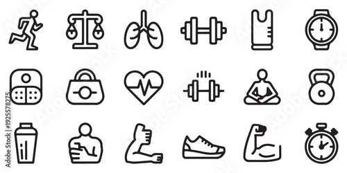 Healthy lifestyle icons with running man scale lungs dumbbell gym shirt watch and heart rate monitor sign