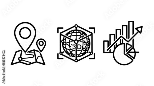 Modern Technology Icons Set: GPS Location, Augmented Reality 3D Globe, and Business Growth Data Analytics Chart for Digital Solutions and Innovation