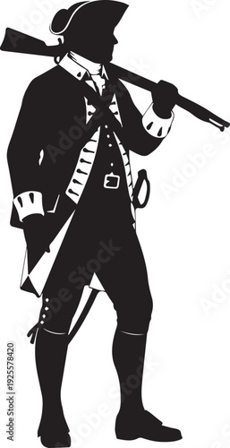 Patriotic colonial soldier silhouette vector illustration carrying musket on shoulder stance