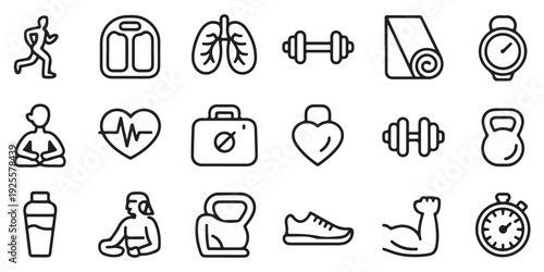 Gym workout and body transformation icons with athlete scale breathing organs dumbbell yoga mat and watch