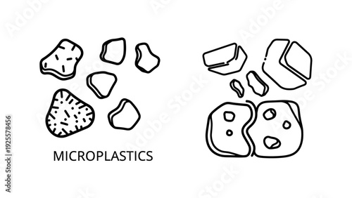 Microplastics Pollution Icons: Irregular Plastic Particles Representing Environmental Contamination and Ecological Concerns