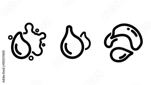 Abstract Water Drops, Liquid, and Organic Seed Icons Illustrating Nature, Food, and Natural Elements
