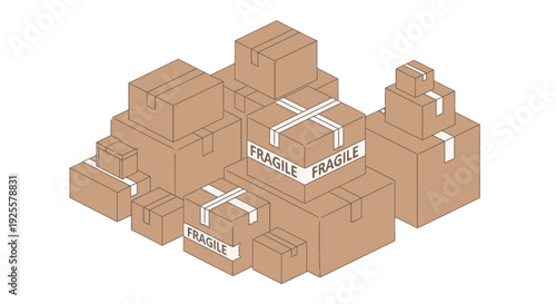 Stacked brown cardboard boxes with white tape some marked FRAGILE in an isometric line art illustration.