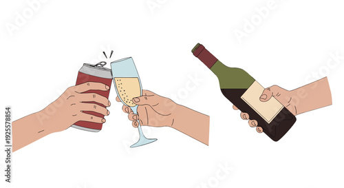 Stylized hands toasting with a red soda can and bubbly champagne flute another hand holds a wine bottle.
