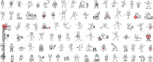 Large Collection of Black and White Stick Figure Drawings of People in Various Poses and Activities doodle