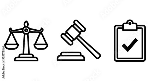 Scales of Justice, Gavel, and Compliance Checklist Legal Icons for Law, Order, and Regulations
