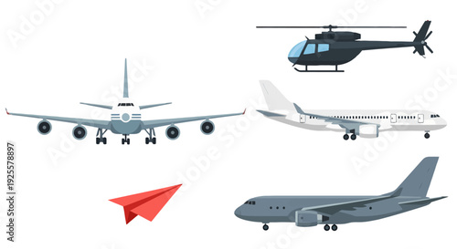 Stylized aircraft collection white passenger jets dark helicopter grey cargo plane red paper airplane.