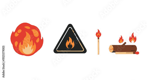 Vibrant flat design fire icons set abstract flame hazard sign lit match and burning log.