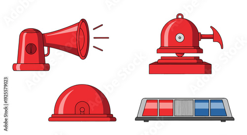 Vibrant Red Emergency Alert Devices Set Megaphone Bell Beacon Light Bar Illustration.