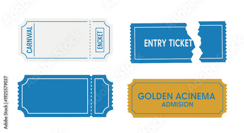 Vibrant flat vector tickets set with perforated edges featuring carnival entry and cinema designs.