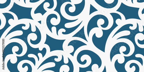 Elegant White Swirls and Curlicues on a Deep Blue Background Seamless Pattern.