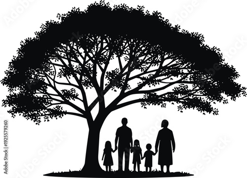 Family silhouette under large tree, parents and children standing together in nature park black vector illustration isolated