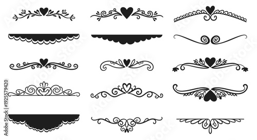 A collection of ornate black floral and swirl divider designs ideal for various projects on transparent background silhouette