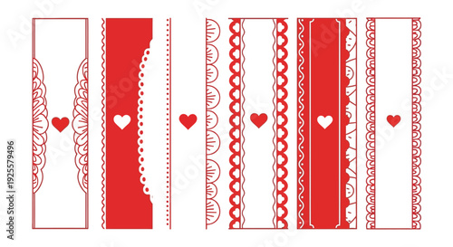 A series of repeating red decorative border designs featuring hearts ideal for graphic projects on transparent background silhouette