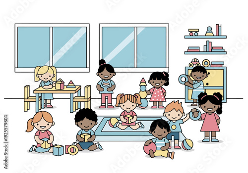 Diverse group of young children happily playing together with educational toys and building blocks in a bright classroom setting engaging in