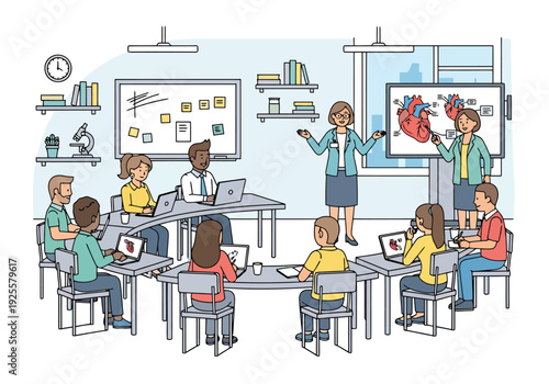 Medical School Students Learn Anatomy From Teacher Using Digital Tablet And Interactive Screen Displaying Human Organ