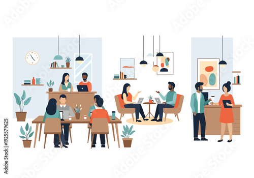 Diverse professionals collaborating in a modern office environment interacting at desks and tables discussing business ideas