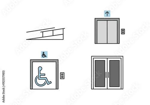 Accessibility symbols depict ramp pathway elevator with universal access icon and standard doorway options for inclusive design concepts