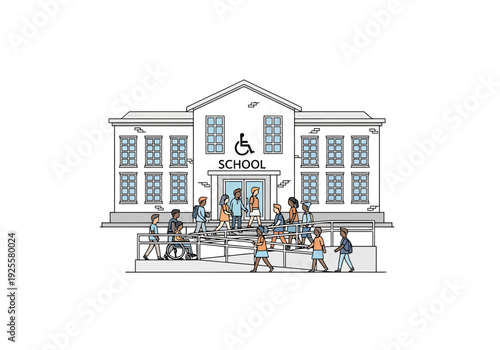 Diverse group of children including those with mobility challenges interacting as they approach a school building with an accessibility ramp
