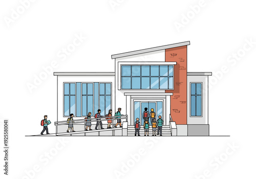 Diverse Group of Students and Adults Entering Modern Educational Building with Accessibility Ramp and Large Windows