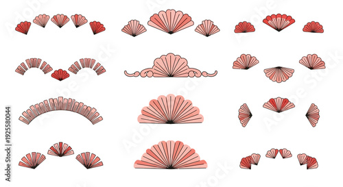 A collection of ornate reddish pink folding fans in various arrangements and styles on transparent background silhouette high quality professional
