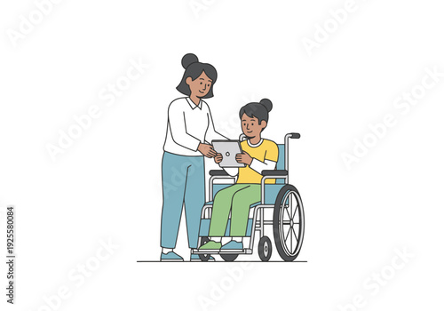 Woman Assisting Child Using Tablet Device While Seated In Wheelchair Modern Technology Education Concept