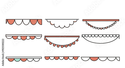A set of decorative coral colored and teal bunting banner designs with varied scalloped edges on transparent background silhouette