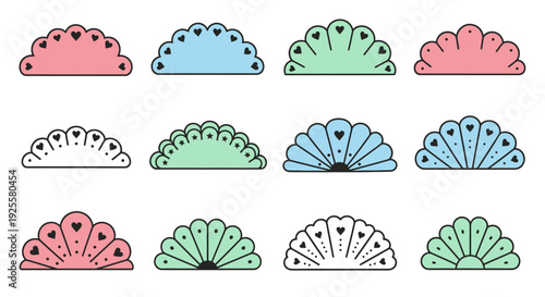 A collection of colorful fan shapes with heart details ideal for design projects on transparent background silhouette high quality