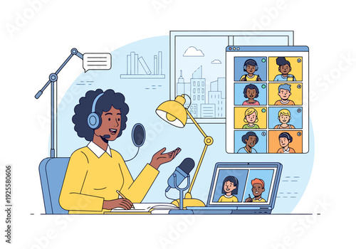 Woman hosts online meeting collaborating with diverse participants on video call using laptop and microphone at home office setup