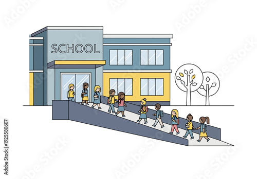 Diverse group of children ascending ramp towards school building entrance education learning childhood development concept