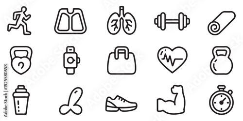 Athletic activity and fitness trackers icons featuring runner lungs dumbbell rolled mat and heart rate pulse