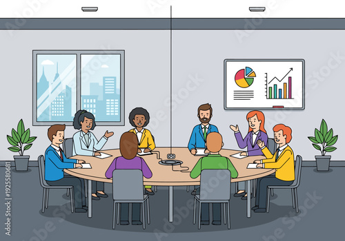 Diverse professionals collaborate and discuss business strategy during a formal meeting around a large oval table in a modern office boardroom with