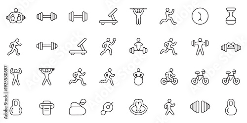 Set of 30 fitness and gym line icons with various exercises and equipment for healthy lifestyle