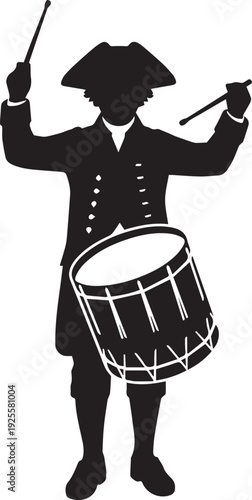 Revolutionary drummer figure holding sticks striking bass drum historical silhouette vector