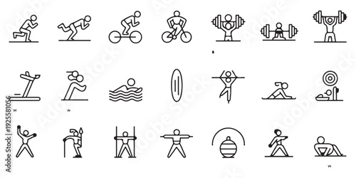 Set of line icons depicting fitness activities, gym exercises, and various sports for wellness