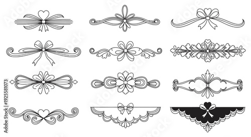 A collection of ornate floral and ribbon flourishes ideal for decorative design elements on transparent background silhouette high quality