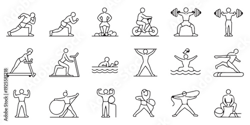 Various fitness and gym line icons with diverse exercise activities for active lifestyle