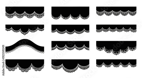 A collection of nine decorative black lace border designs presented as a silhouette on transparent background high quality professional