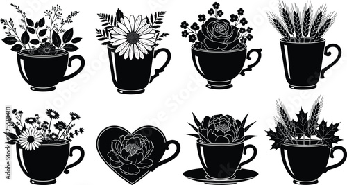 Floral Teacup Silhouette Set, Flower Bouquet Vector Icons, Rustic Garden Tea Graphics, Botanical Cup Elements, Rose Peony Wheat Designs, Isolated Black