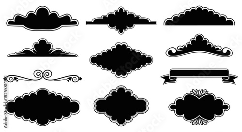A collection of ornate black cloud shaped frames and banners ideal for design projects on transparent background silhouette high quality