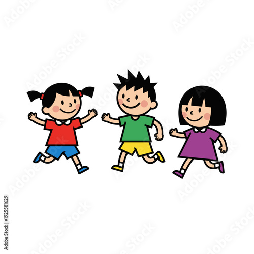 Three children running happily in colorful outfits outdoors  