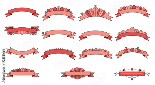 A collection of ornate red ribbon banners and flourishes ideal for design projects on transparent background silhouette high quality