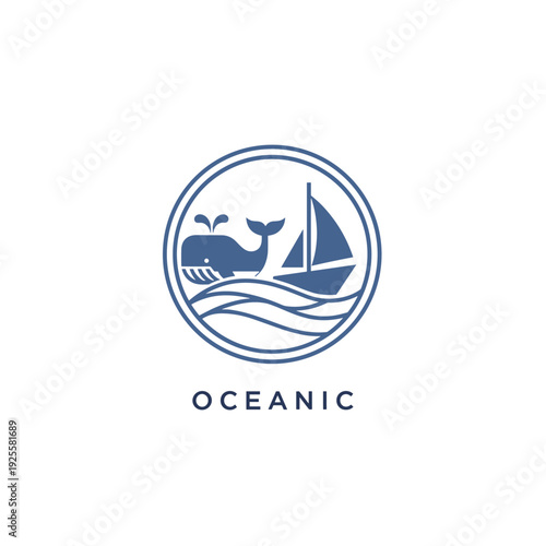 Blue whale and sailboat in a circular oceanic logo design