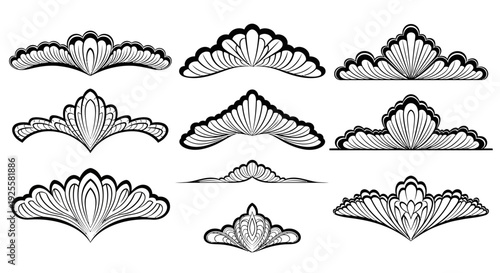 Intricate ornamental designs featuring repeating fan like shapes and curves ideal for borders on transparent background silhouette high quality professional