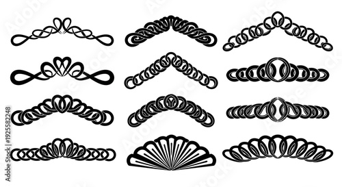 A collection of ornate black corner flourishes and decorative elements displayed on transparent background silhouette high quality professional detailed