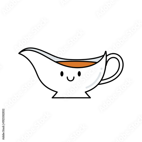 Cute gravy boat smiling with sauce on white background  