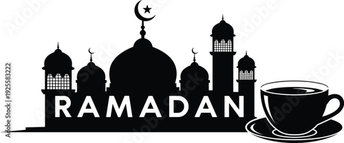 Ramadan Kareem Silhouette, Islamic Mosque Skyline Vector, Arabic Celebration Graphics, Holy Month Elements, Coffee Cup Icon, Religious Greeting, Isolated Black
