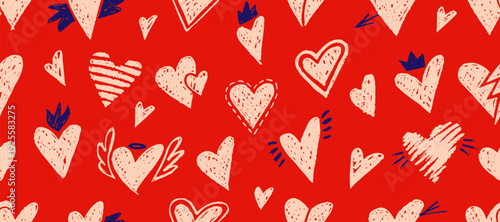 Love seamless chalk pattern with hearts, angel wings and crown. Doodle background for romantic designs, graffiti art, Valentine Day cards with chalk texture.