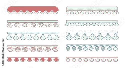 A collection of decorative border designs in pastel shades featuring scalloped and circular elements on transparent background silhouette
