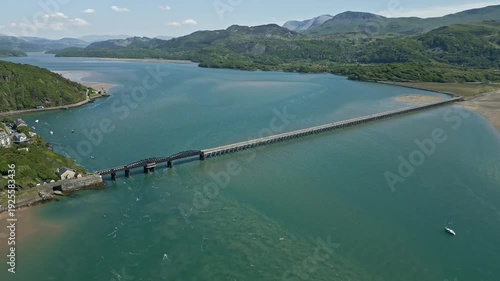 Barmouth Viaduct Bridge North West Wales Estuary Mountains Aerial Landscape